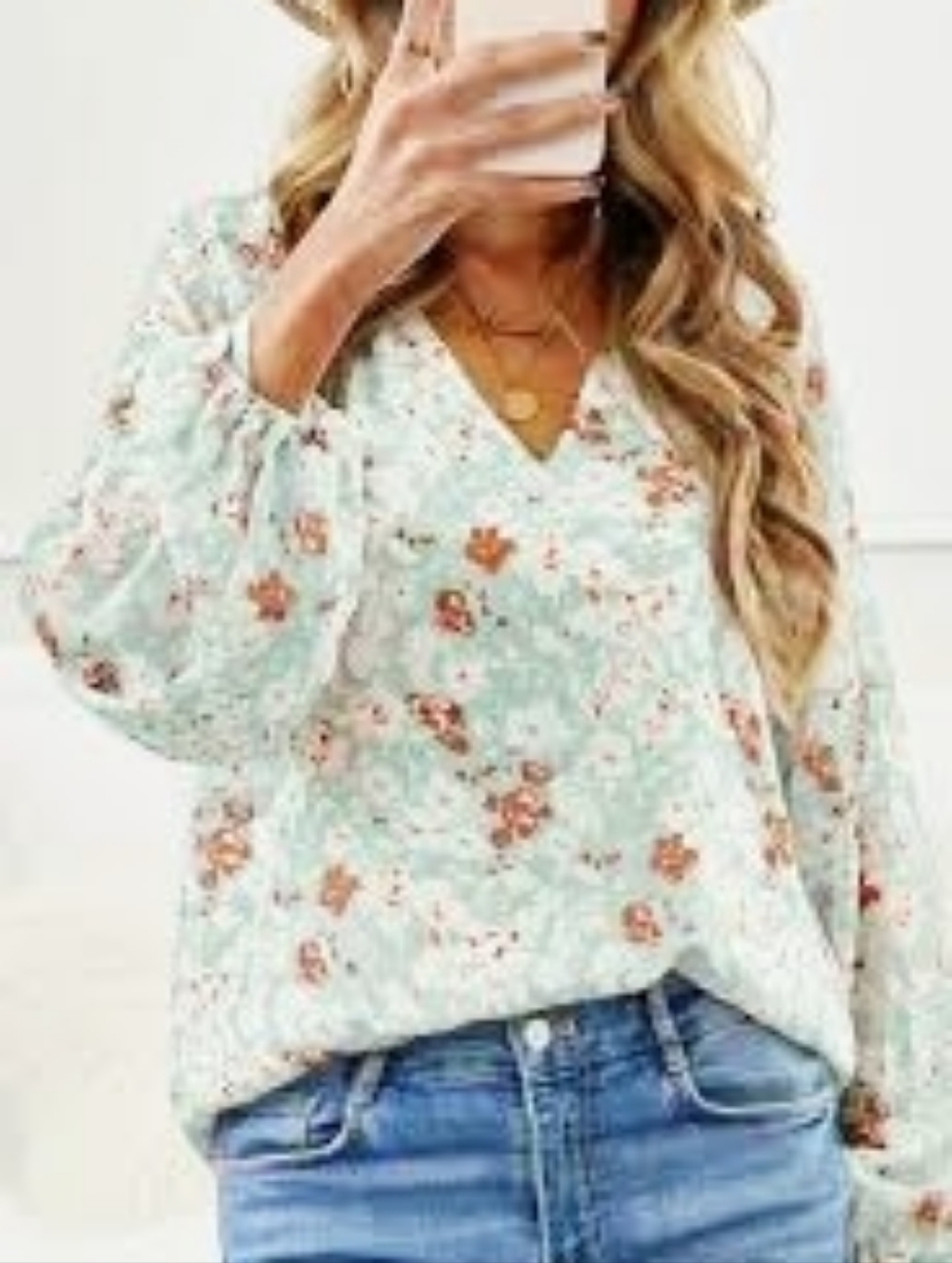 Floral Mint Green, White, Rust V-Neck Long Puff Sleeve Blouse, Size Large